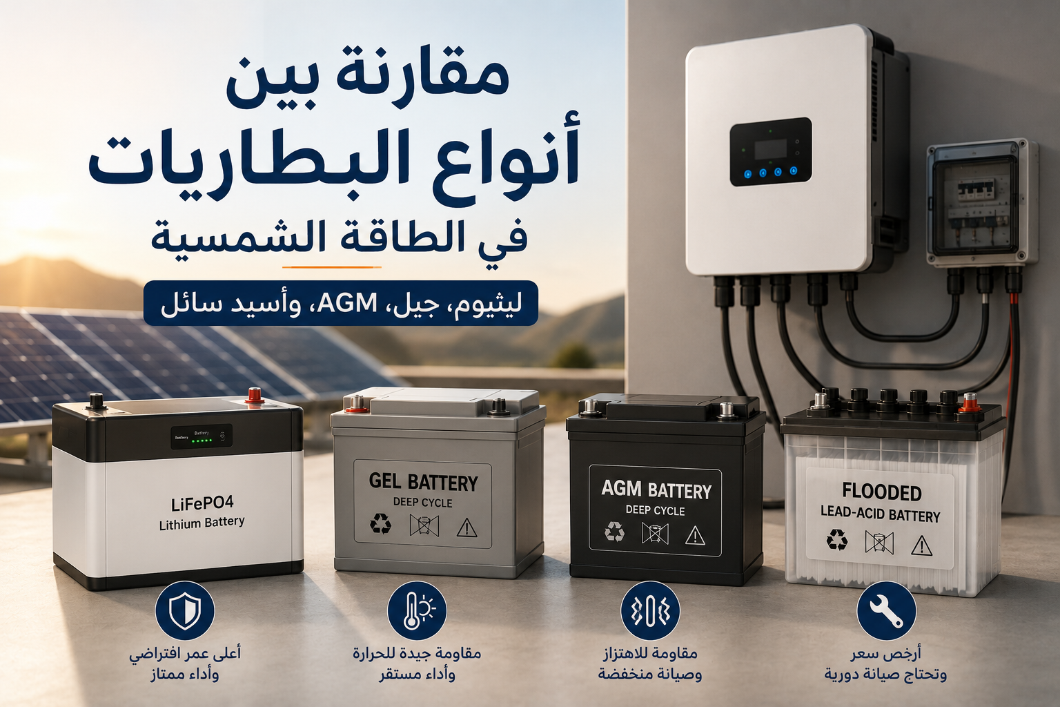 مقارنة بين أنواع البطاريات في الطاقة الشمسية: ليثيوم، جيل، AGM، وأسيد سائل
