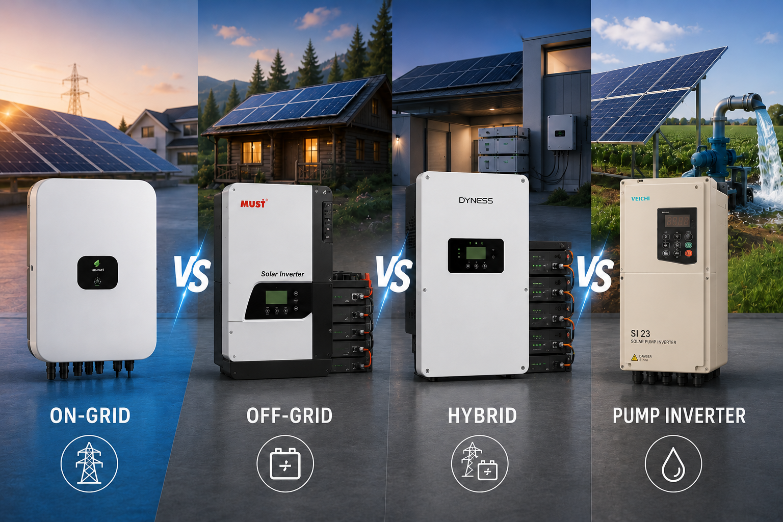 الفرق بين أنواع الانفرتر في منظومات الطاقة الشمسية: On-Grid و Off-Grid و انفرتر البمبات
